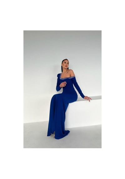 Lior Design Kadın Yeni Sezon Krep Kumaş Madonna Yaka Maxi Abiye Elbise Saks