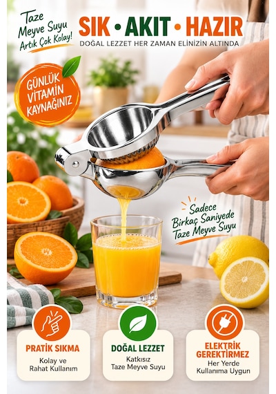 Büyük Boy Döküm Metal Narenciye Sıkacağı Portakal Limon Manuel Meyve Suyu Presi 23 Cm Çelik Renk Tip Gümüş