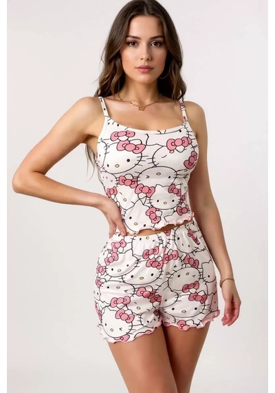 Hello Kitty Baskılı Askılı Şortlu Pijama Takımısaa Pembe