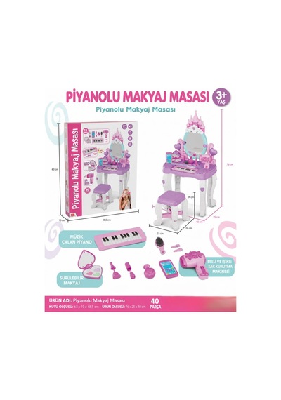40 Parça Piyanolu Ve Işıklı Çocuk Makyaj Masası Tabureli Saç Kurutma Makineli Prenses Makyaj Seti