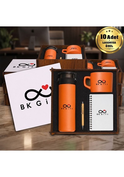Logonuza Özel 10 Adet Ahşap Kutulu Turuncu Kurumsal Hediye Seti Cam Suluk, Seramik Fincan, Defter Ve Kalemli Promosyon Seti Bitmeyencom37218 Bk Kurumsal