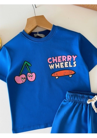 Magu Kız Çocuk Pamuklu Kiraz Ve Kaykay Baskılı T-shirt Şort Takım Mavi