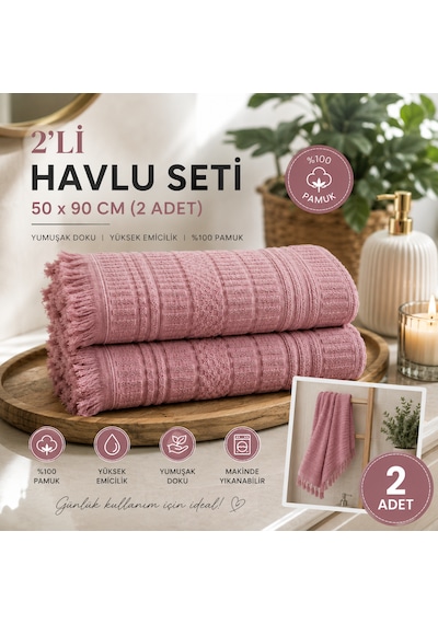 2'li Yüz Havlusu Seti 50x90 Cm Pamuklu El Havlusu Püsküllü Yumuşak Dokulu Yüksek Emici Günlük Kullanım Gülkurusu