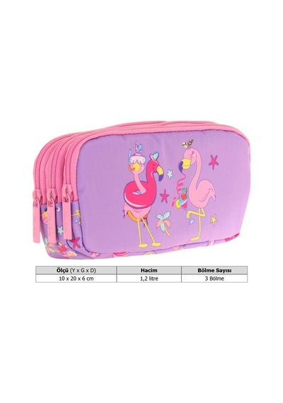Kaukko Kids Pembe Mor, Flamingolar, Kız Çocuk Üç Gözlü Okul Kalem Çantası - L8240 Pembe - Kırmızı