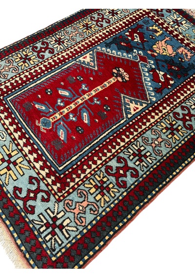 El Dokuma Sıfır Yörük Halısı Seccade 93x135 Turkuaz Yün Namazlık