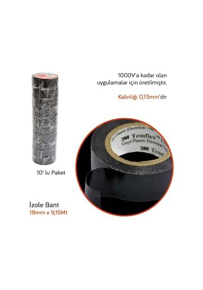 3M Temflex 1300E Pvc İzole Bant 10 Lu Siyah 18Mm x 9.15Mt x 0.13