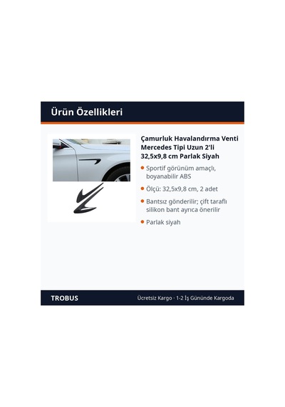 Trobus Çamurluk Havalandırma Venti Mercedes Tipi Uzun 2'li 32,5x9,8 Cm Parlak Siyah