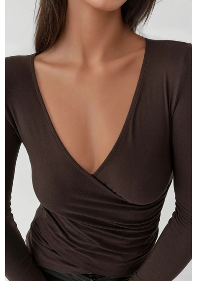 Hiccup Yumuşak Dokulu Slim Fit V Yaka Uzun Kollu Üst Koyu Mocha Kahve