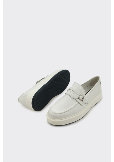 Derinet Comfort Taban Hakiki Deri Tokalı Erkek Loafer Beyaz Beyaz