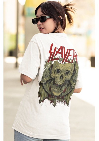 Slayer Rock Metal Müzik Grubu Sırt Baskılı Unisex Oversize Tişört Beyaz