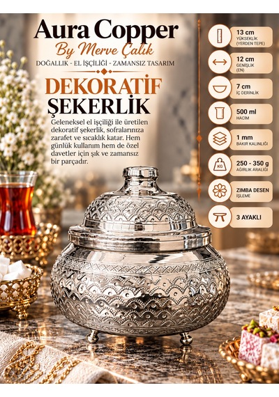 Aura Copper Kapaklı Bakır Şekerlik 3 Ayaklı El İşlemeli Lokumluk Gümüş Renk-zımba