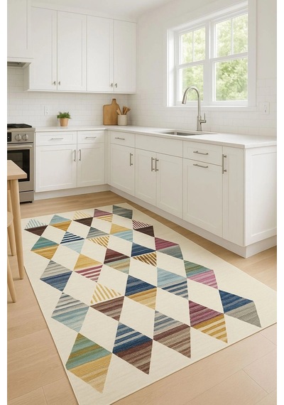 Renkli Geometrik Desenler Tasarım Modern Halı Dekoratif Kilim Bej