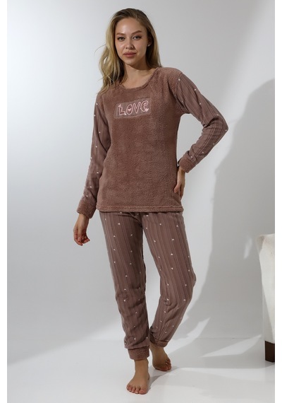 Wordex Fawn 5019 Peluş Welsoft Polar Kışlık Yumoş Kadın Pijama Takımı Love Vizon