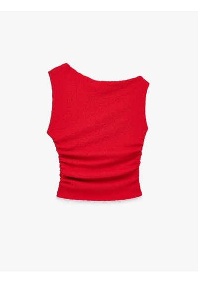 Koton Asimetrik Yaka Kolsuz Slim Fit Drapeli Bluz Kırmızı 6sal30003ık