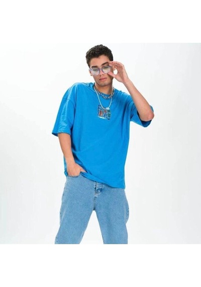 Flood Of Style Erkek Mavi Future Baskılı Oversize Bisiklet Yaka Tshirt