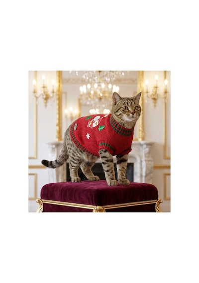 Kedi Ve Köpek İçin Noel Babalı Ve Kar Taneli Kırmızı Kazak