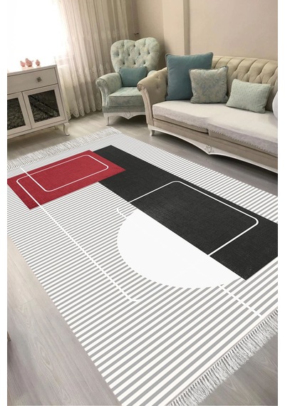 Alanur Kaymaz Yıkanabilir Dijital Baskılı Salon Halısı Trend Saçaklı Geometrik Al4052 Siyah