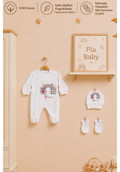 Pia Baby Kız Bebek %100 Pamuk Hediye Seti 6 Lı İsimli Keseli Tulum Şapka Eldiven Battaniye Ve Yastık Kılıfı 1065tybk3x Krem
