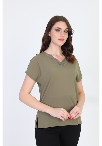 Ella Camelia Kadın Yakası Dantel Detaylı Bluz 20E020 Haki
