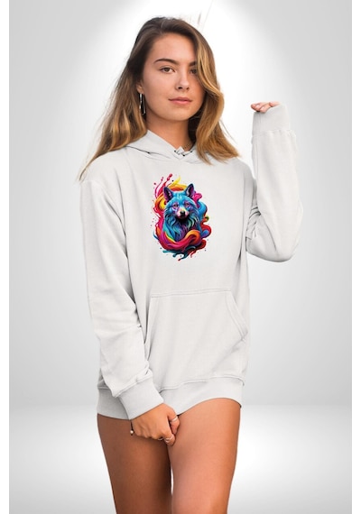 Renkli Kurt Kadın Erkek Beyaz Kapüşonlu Sweatshirt Hoodie Beyaz