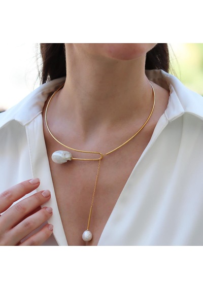 Barok İnci Gold Sarkıt Gümüş Gerdanlık Gümüş