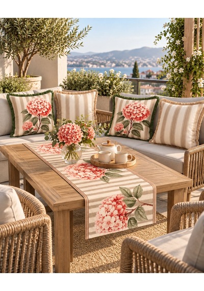 Çizgili Çiçek Desenli Runner + 4 Lü Kırlent Kılıfı Kombin Seti 45 x 45