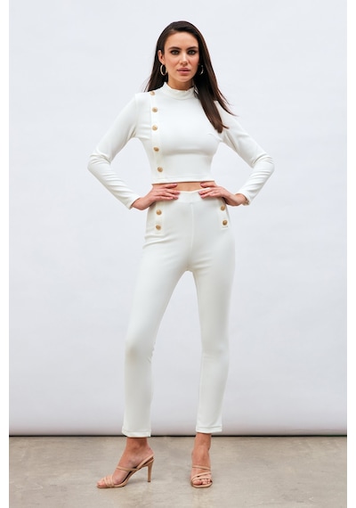 Sateen Düğme Detaylı Pantolon - Ekru-132978 Ekru