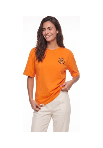 Onloox Kadın Turuncu Turuncu Pamuklu Bisiklet Yaka Rahat Kalıp Nakışlı Ayıcık Detaylı Kısa Kollu T-shirt