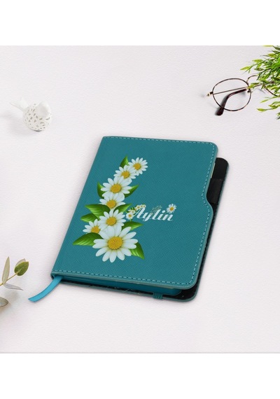 Kişiye Özel Papatya Temalı Turkuaz Termo Deri Defter-8