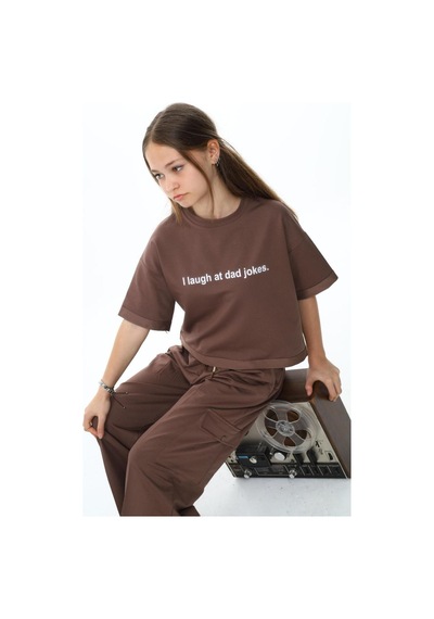 Kız Çocuk %100 Pamuk Oversize Kargo Cepli Yarım Kol Alt-üst Eşofman Takım-eşt-0016 Kahve