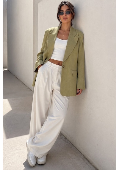 Madmext Yeşil Keten Blazer Kadın Ceket Mg2443