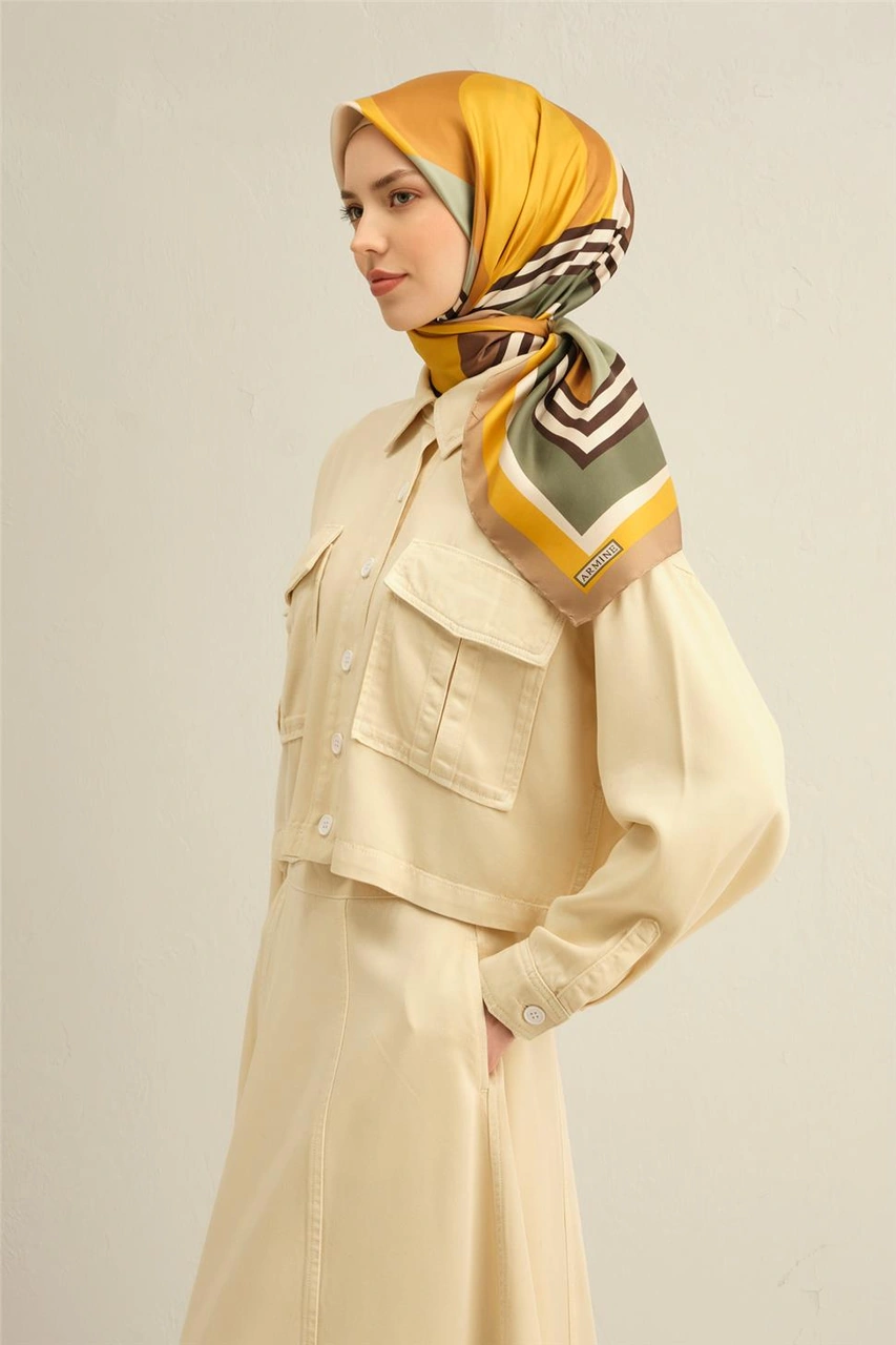 Armine Geometrik Desenli Saf İpek Twill Eşarp 9313d 31 Sarı