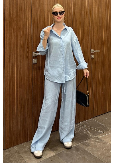 Madmext Mavi Basic Kadın Gömlek Pantolon İkili Takım Mg2352 Mavi