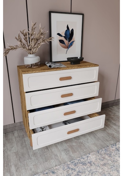Flora Bohem Serisi 4 Çekmeceli Şifonyer Mdf Mebran Kapaklı Ceviz Aytaşı 90x90 Cm Ceviz - Ekru Flora Bohem Serisi 4 Çekmeceli Şifonyer Mdf Mebran Kapaklı Ceviz Aytaşı 90x90 Cm Ceviz - Ekru