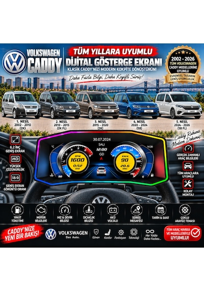 Volkswagen Caddy 2002-2026 Model Uyumlu Harici Digital Gösterge Odb Ekran Arıza Göstergesi Turbo Gösterge Hayalet Ekran
