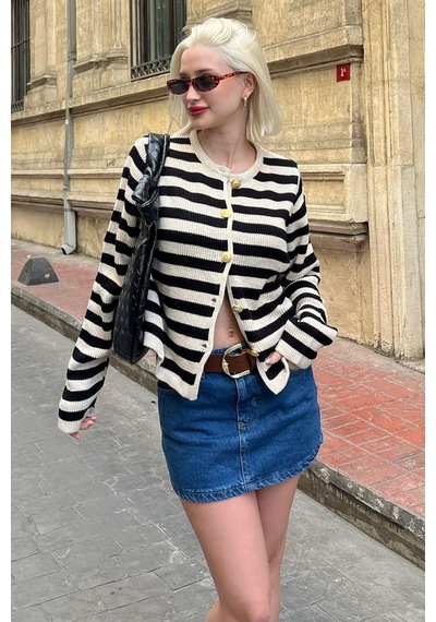Madmext Bej Çizgili Bisiklet Yaka Gold Düğme Detaylı Cotton Hırka Mg1605 Bej