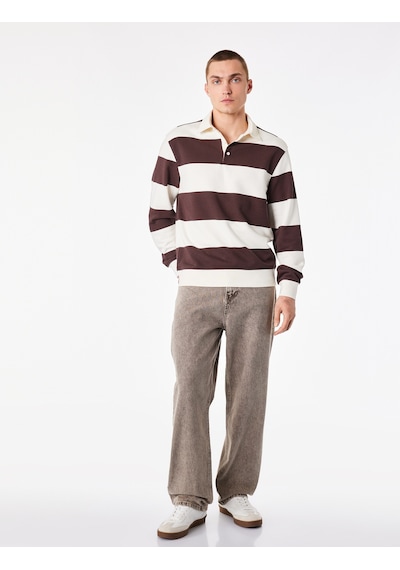 Koton Uzun Kollu Rahat Kalıp Çizgili Düğmeli Polo Yaka Sweatshirt Bordo Çizgili 7wam70058mk