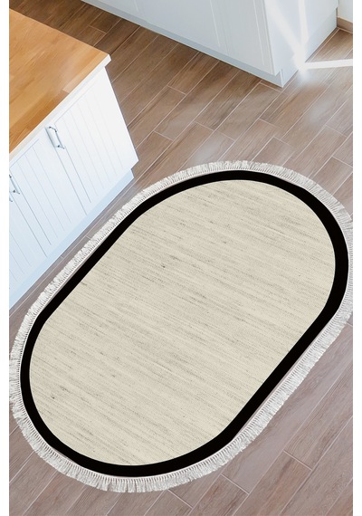 Dekoreko Kaymaz Taban Djt Banyo Mutfak Salon Halı Trend Saçaklı Oval Dokuma Desen E5001 Bej Gri