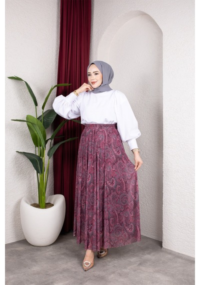 Hira Life Fashion Asimetrik Kesim Etnik Desen Astarlı Tül Tesettür Etek Bordo Bordo