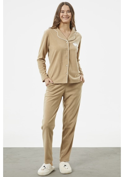 Sementa Gömlek Yaka Düğmeli Polar Pijama Takım - Camel 001