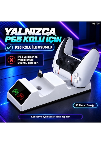 Dexxony Tp5-0508b Ps5 Uyumlu Çift Oyun Kolu Şarj İstasyonu Led Göstergeli Type-c Beyaz