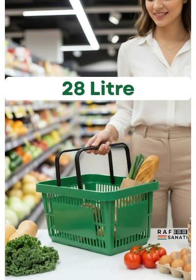 5 Adet - 28 Litre Plastik Market Alışveriş Sepeti Saplı Dayanıklı Market Mağaza El Sepeti Yeşil