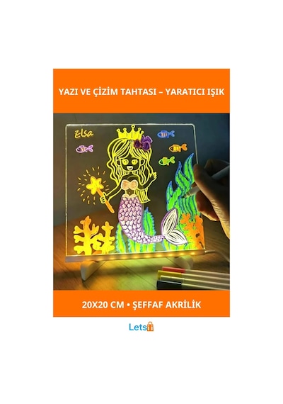 Led Aydınlatmalı Tahta Yazı Ve Çizim 20x20 Cm Küçük Boy Çok Renkli