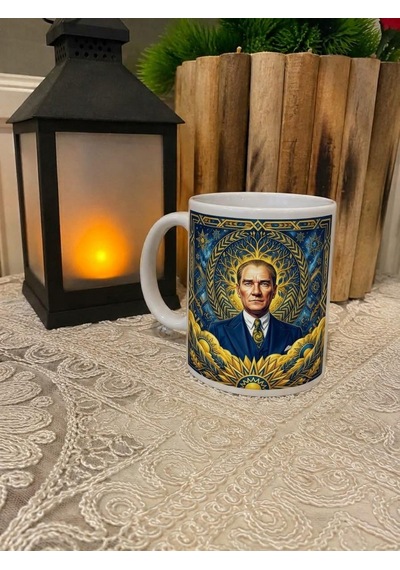 Kişiye Özel Sarı Lacivert Renk Tasarımlı Atatürk Görsel Temalı Kupa Bardak 2 Sarı - Lacivert