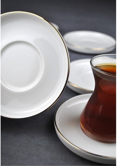 6 Kişilik Porselen Çay Tabağı Gold Yaldızlı 6 Adet Sade Modern Çay Tabak -çizgili