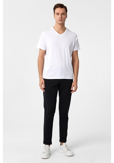 Süvari Beyaz Slim Fit Düz V Yaka Tişört Beyaz