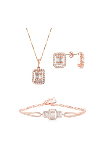Söğütlü Silver Gümüş Rose Baget Taşlı Kolye Küpe Ve Bilezik Gümüş Set