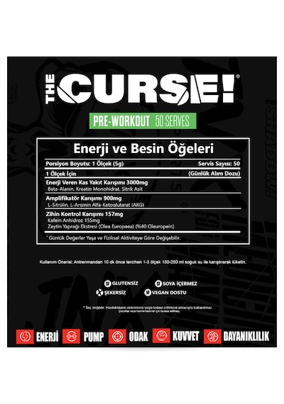 The Curse 50 Servis Pre-workout Yeşil Elma Aroma %100 Amerika İçerik Fda Onaylı