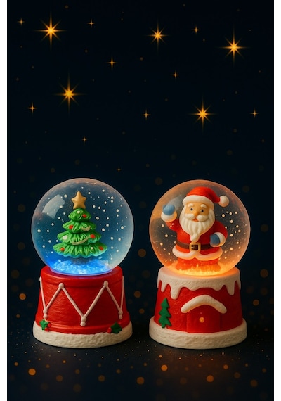 Yeni Yılın En Güzel Hediyesi Yılbaşı 2 Adet Led Işıklı 6,5 Cm Noel Baba Yılbaşı Çam Ağacı Kar Küresi Dekoratif Obje