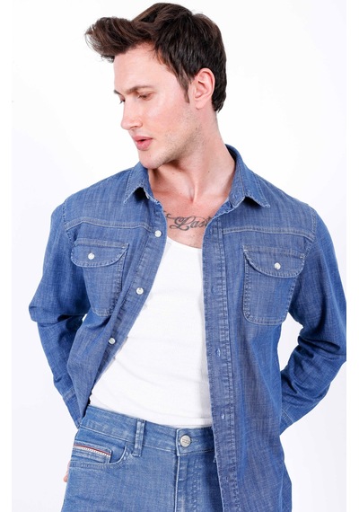 Erkek Açık Mavi Likralı Denim Regular Kalıp Düğmeli Kot Gömlek John-3020 Açik Mavi